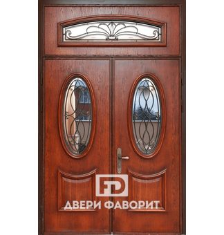 металлическая двустворчатая с верхней вставкой дверь (терморазрыв) с ковкой и стекляными вставками